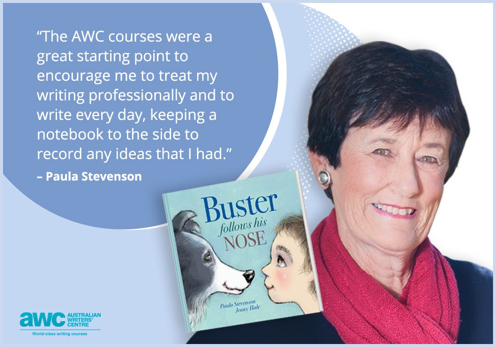 Paula Stevenson smiling with Buster follows his nose cover